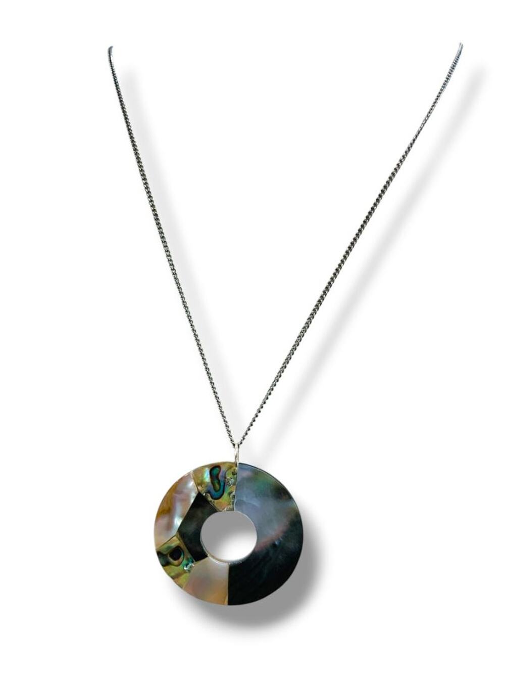 Mixed Shell 3" Pendant Necklace 24" Silvertone Chain Funky